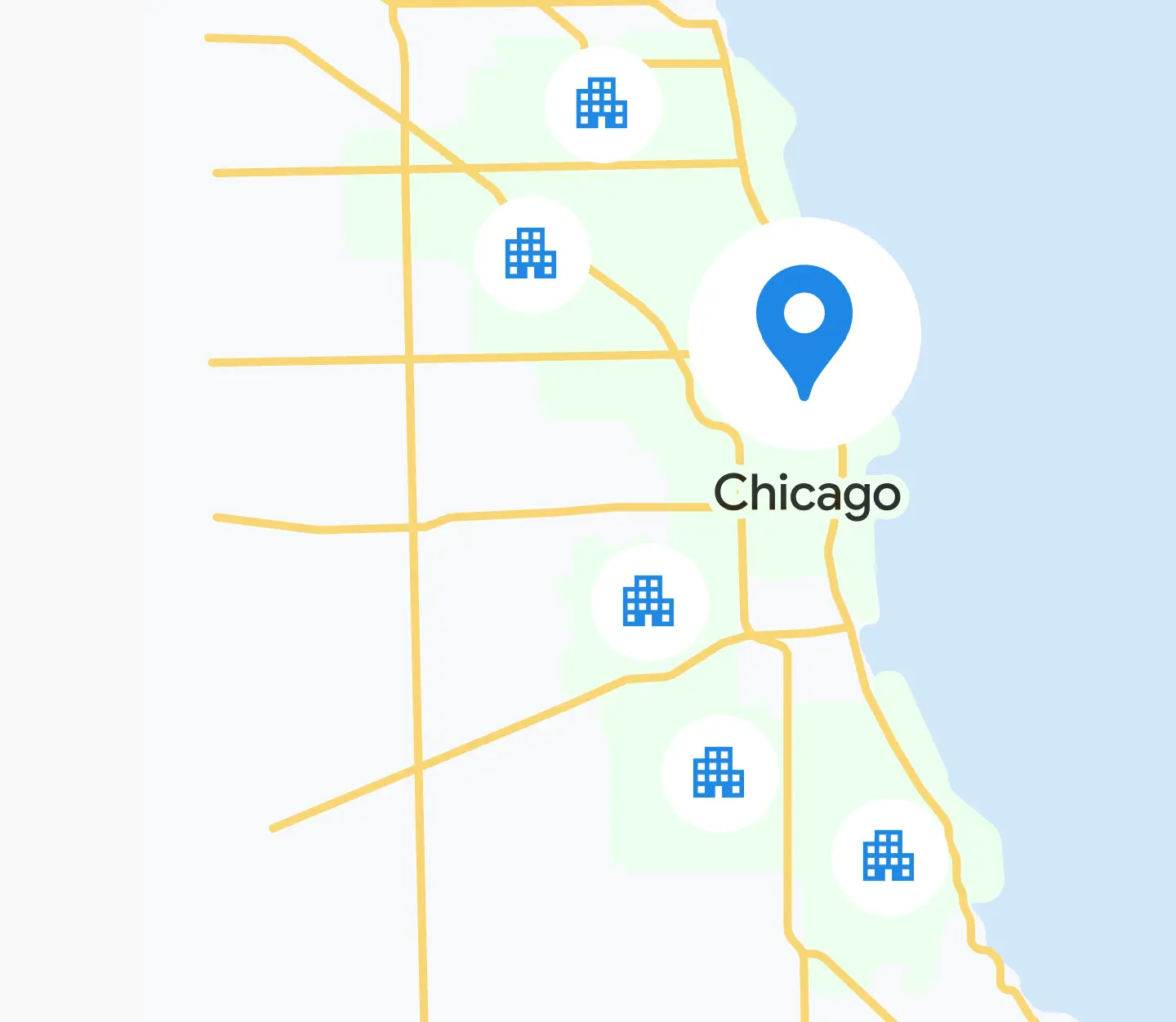 An illustration of a map describing the availability of GFiber in Chicago